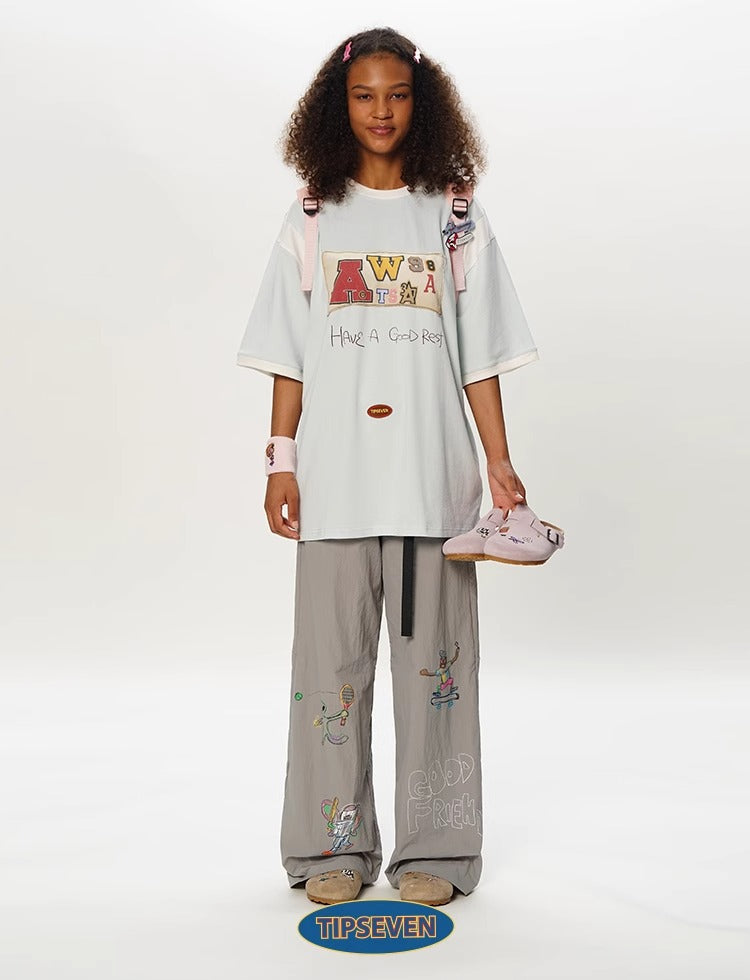 Olympic Style Graffiti Elastic Waist Casual Pants
 [ID:0562PA]