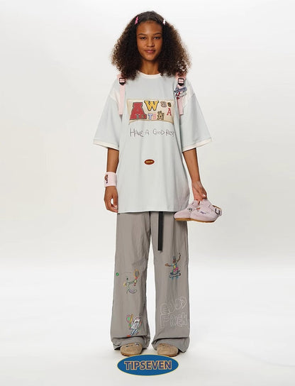 Olympic Style Graffiti Elastic Waist Casual Pants
 [ID:0562PA]