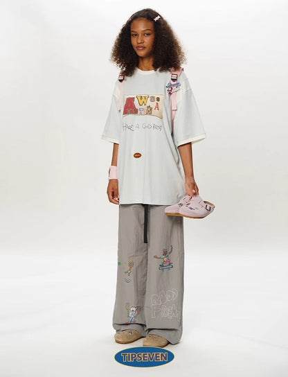 Olympic Style Graffiti Elastic Waist Casual Pants
 [ID:0562PA]