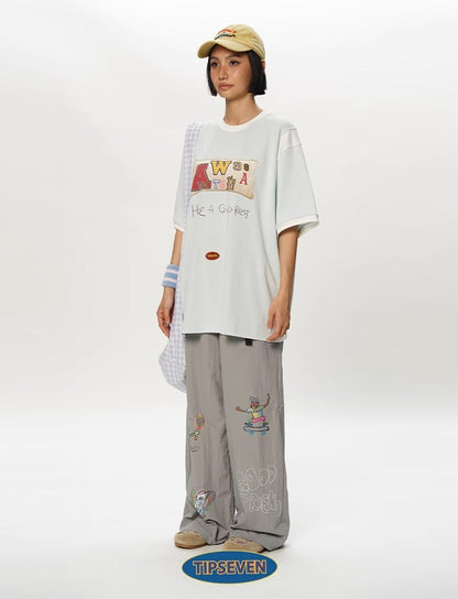 Olympic Style Graffiti Elastic Waist Casual Pants
 [ID:0562PA]
