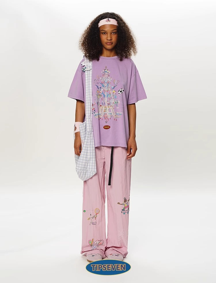 Olympic Style Graffiti Elastic Waist Casual Pants
 [ID:0562PA]