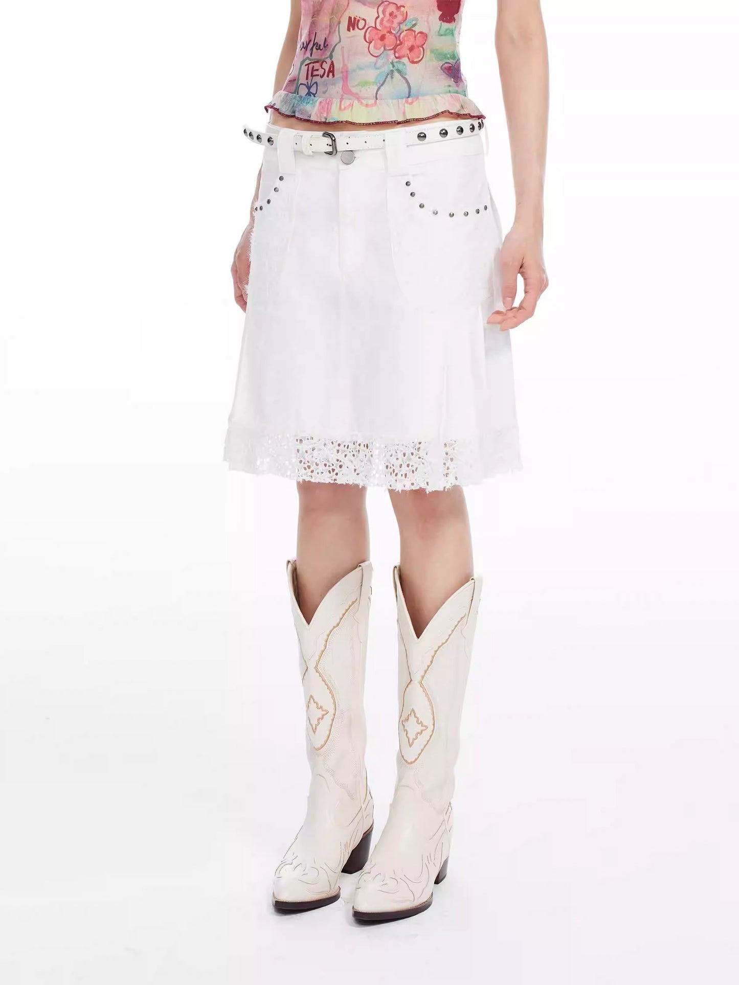 White Lace and Beads Pleated A-Line Skirt [ID:0563SK]