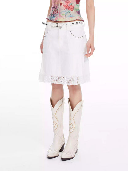 White Lace and Beads Pleated A-Line Skirt [ID:0563SK]