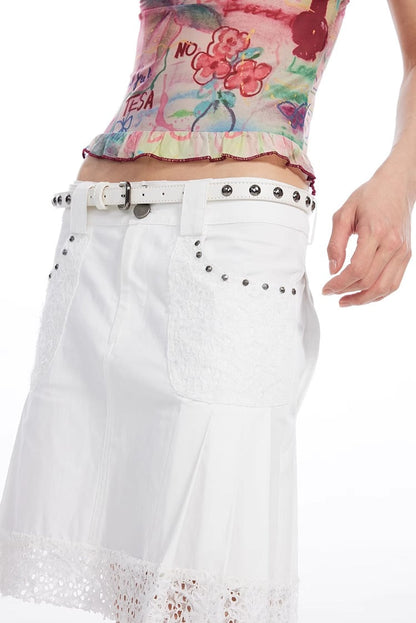 White Lace and Beads Pleated A-Line Skirt [ID:0563SK]