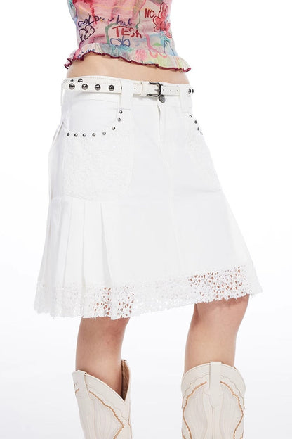 White Lace and Beads Pleated A-Line Skirt [ID:0563SK]