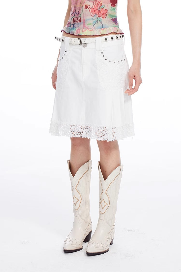 White Lace and Beads Pleated A-Line Skirt [ID:0563SK]