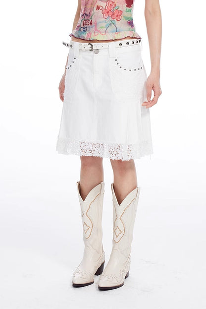 White Lace and Beads Pleated A-Line Skirt [ID:0563SK]