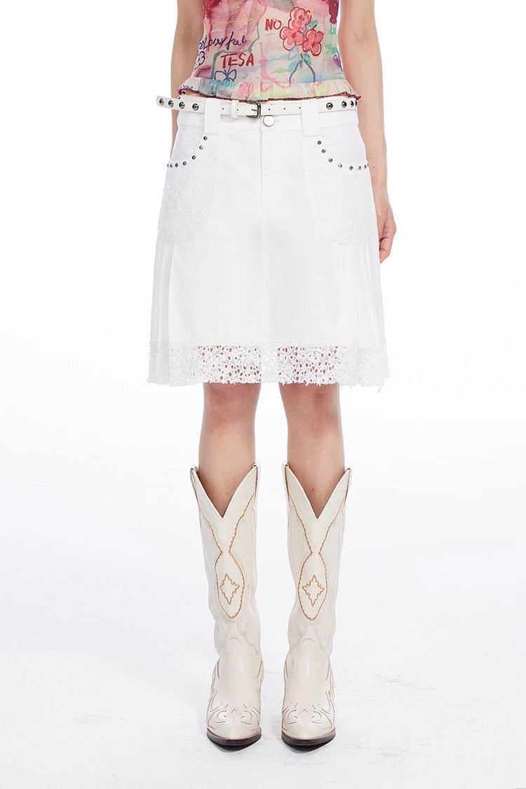 White Lace and Beads Pleated A-Line Skirt [ID:0563SK]
