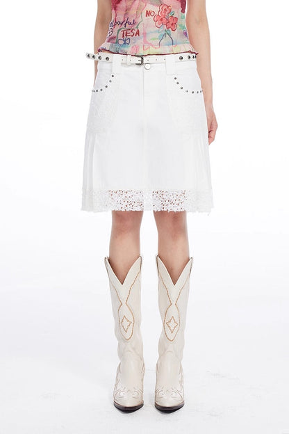 White Lace and Beads Pleated A-Line Skirt [ID:0563SK]