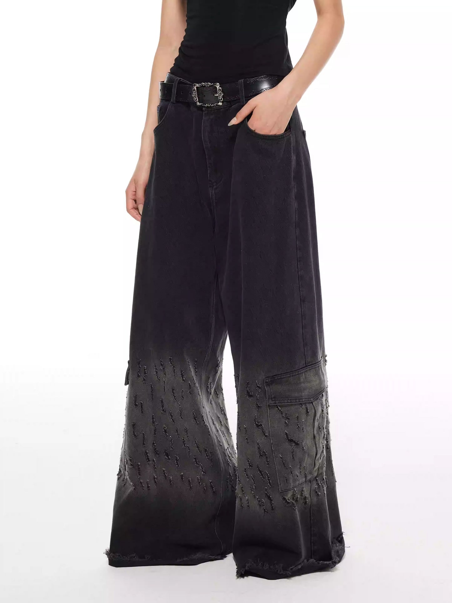 Vintage Washed Distressed Straight Wide Leg Oversize Pants
 [ID:0565PA]