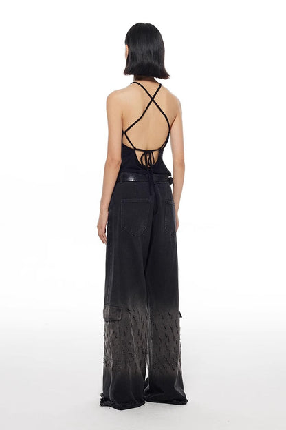 Vintage Washed Distressed Straight Wide Leg Oversize Pants
 [ID:0565PA]