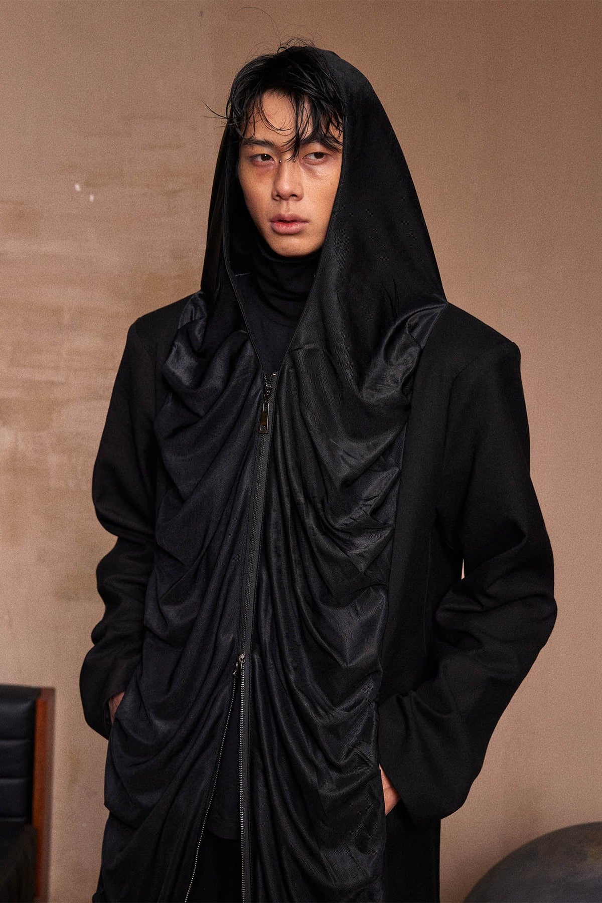 KADAKADA Crinkled Hooded Longline Trench Coat