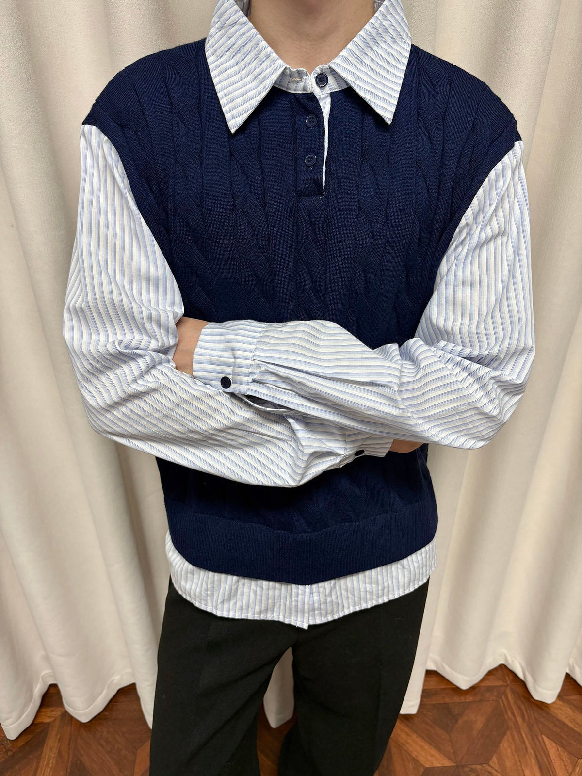 KREATE Cable Knit Vest-Layered Shirt