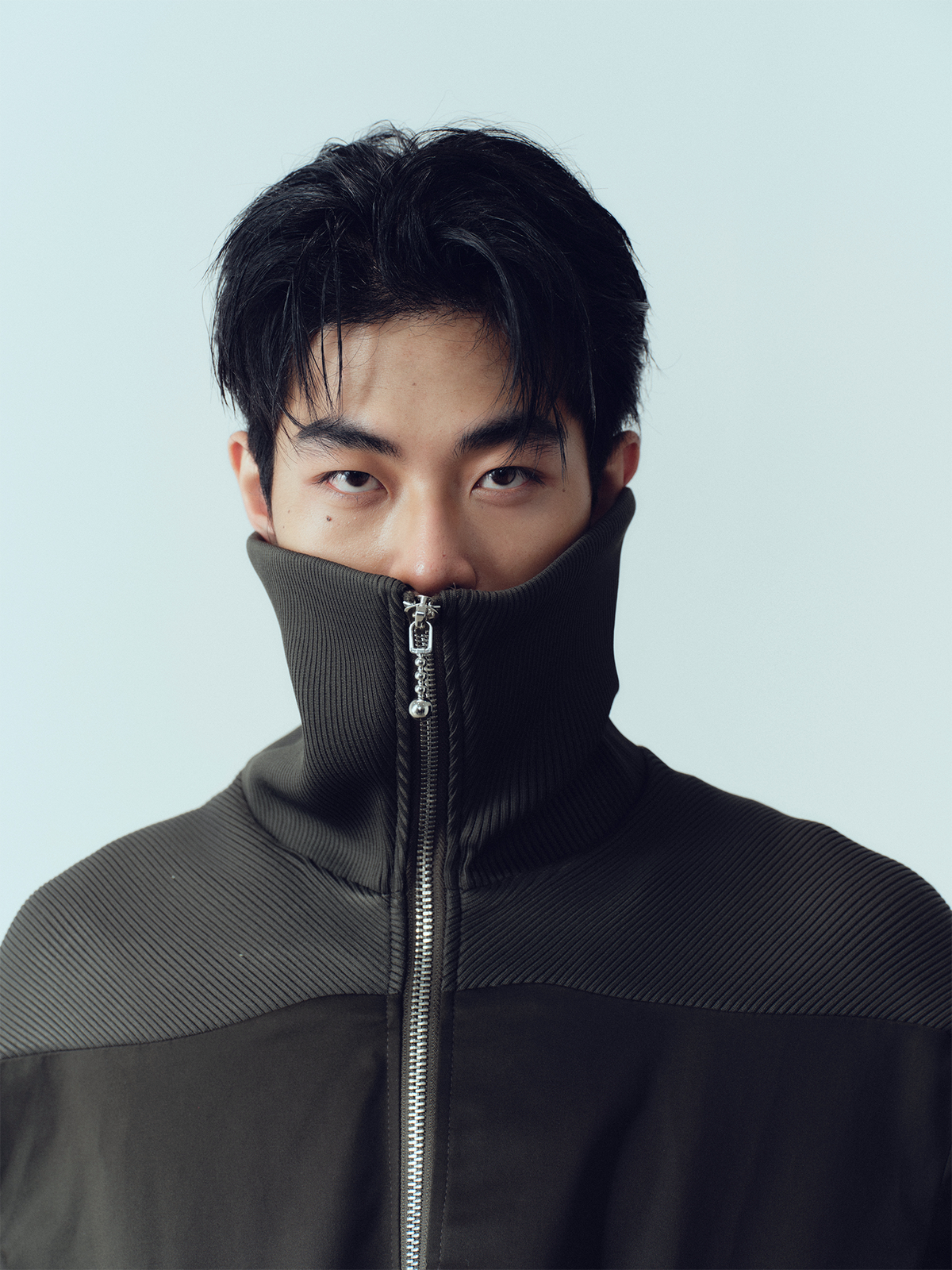 KADAKADA Rib-Spliced Stand-Collar Cropped Jacket