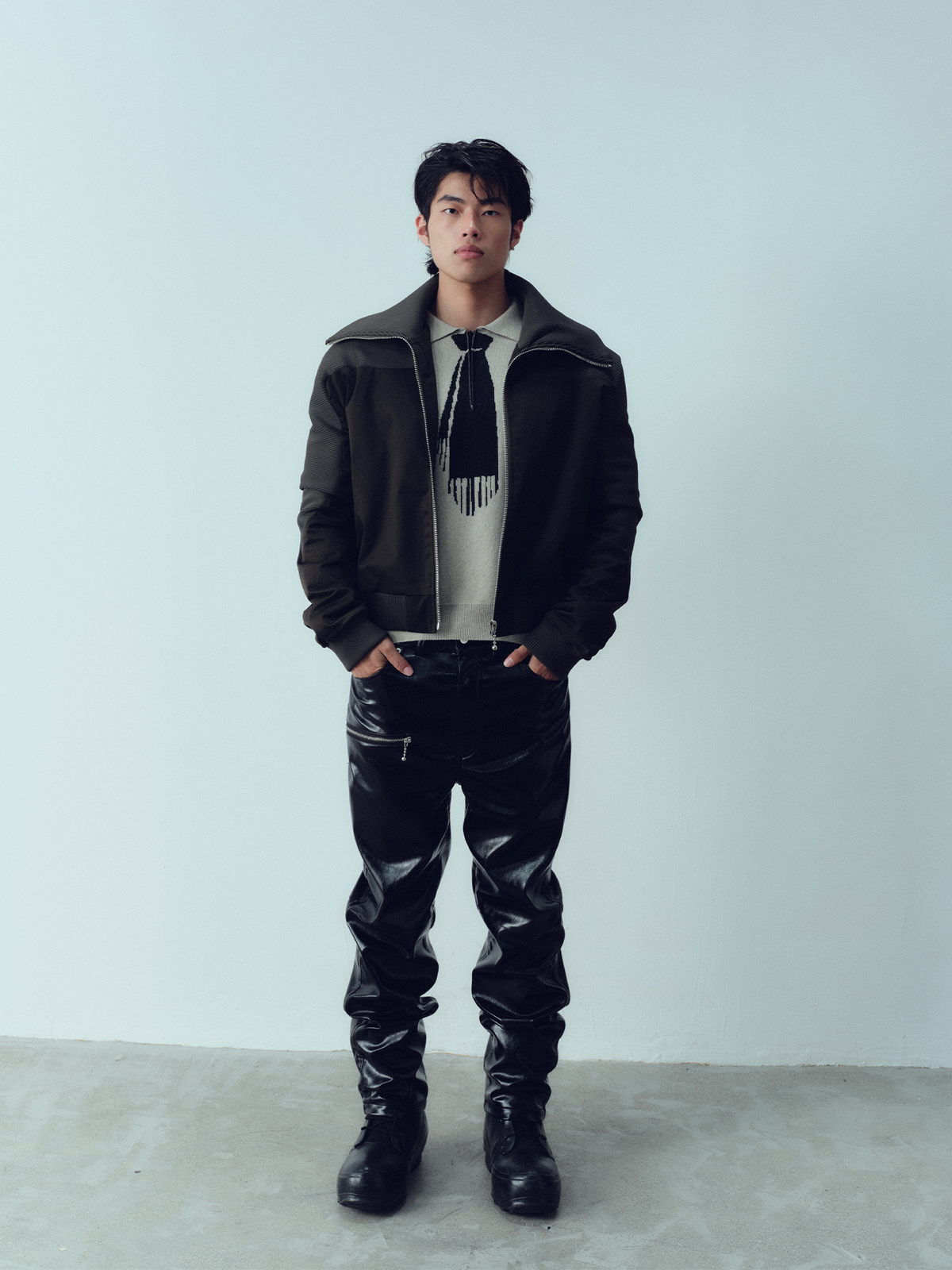 KADAKADA Rib-Spliced Stand-Collar Cropped Jacket