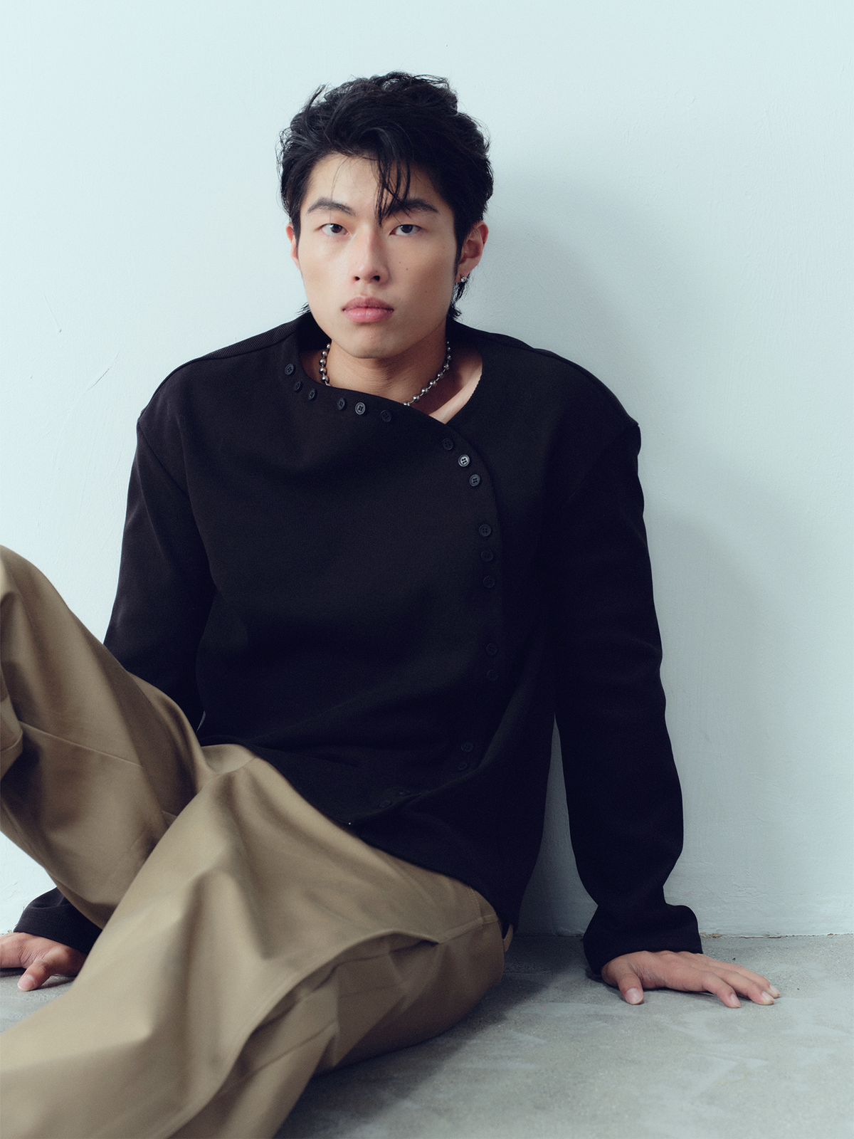KADAKADA Buttoned Curved Placket Ribbed Knit Top