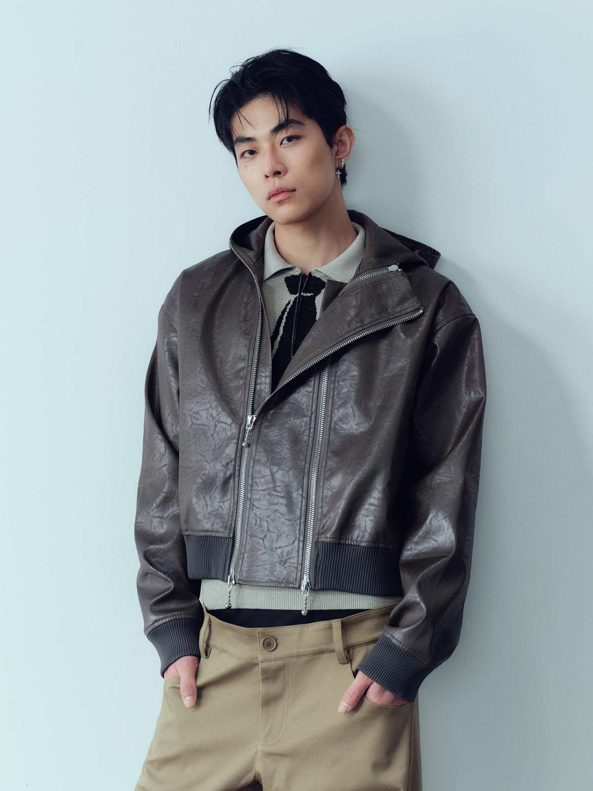 KADAKADA Faux Leather Dual-Zipper Hooded Jacket