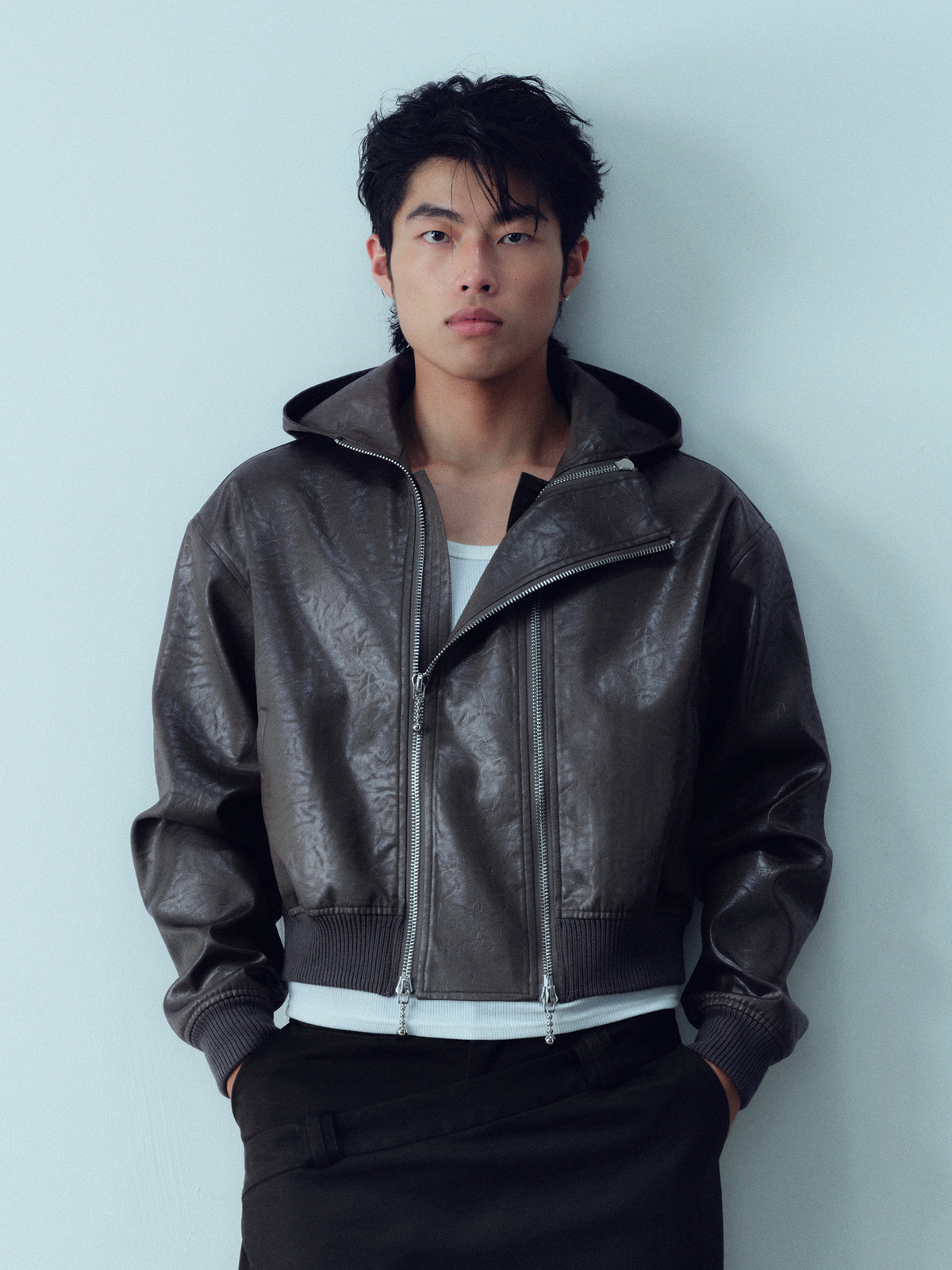 KADAKADA Faux Leather Dual-Zipper Hooded Jacket