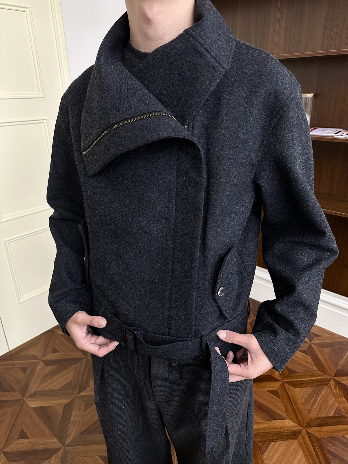 KREATE Asymmetrical Funnel-Neck Wool-Blend Jacket
