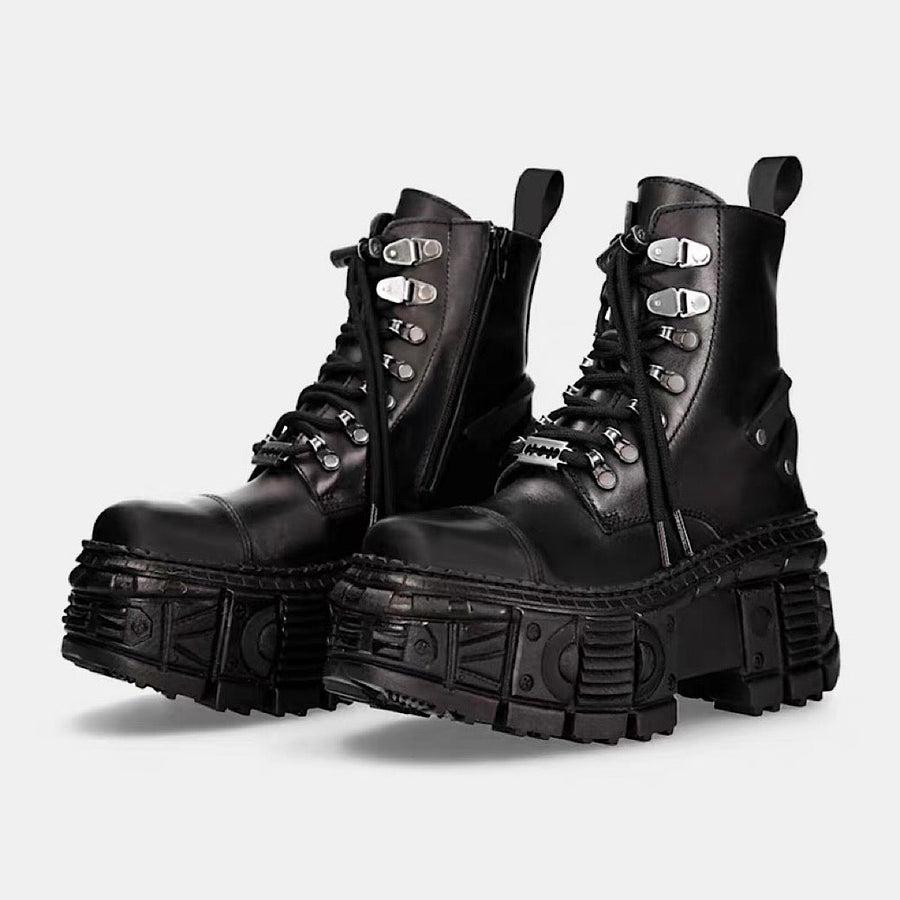 Silver patchwork thick-soled basic black boots