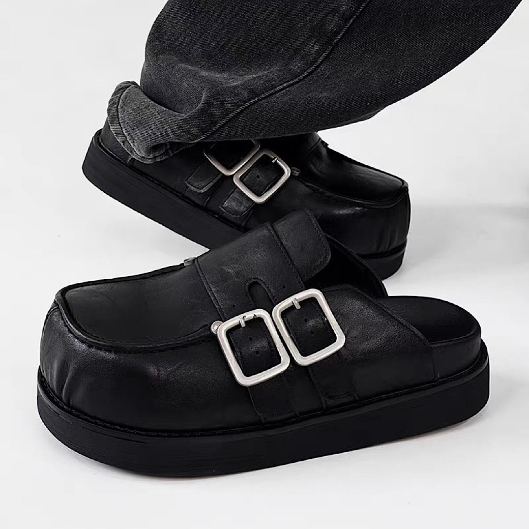 Double belt design slip-on style black shoes