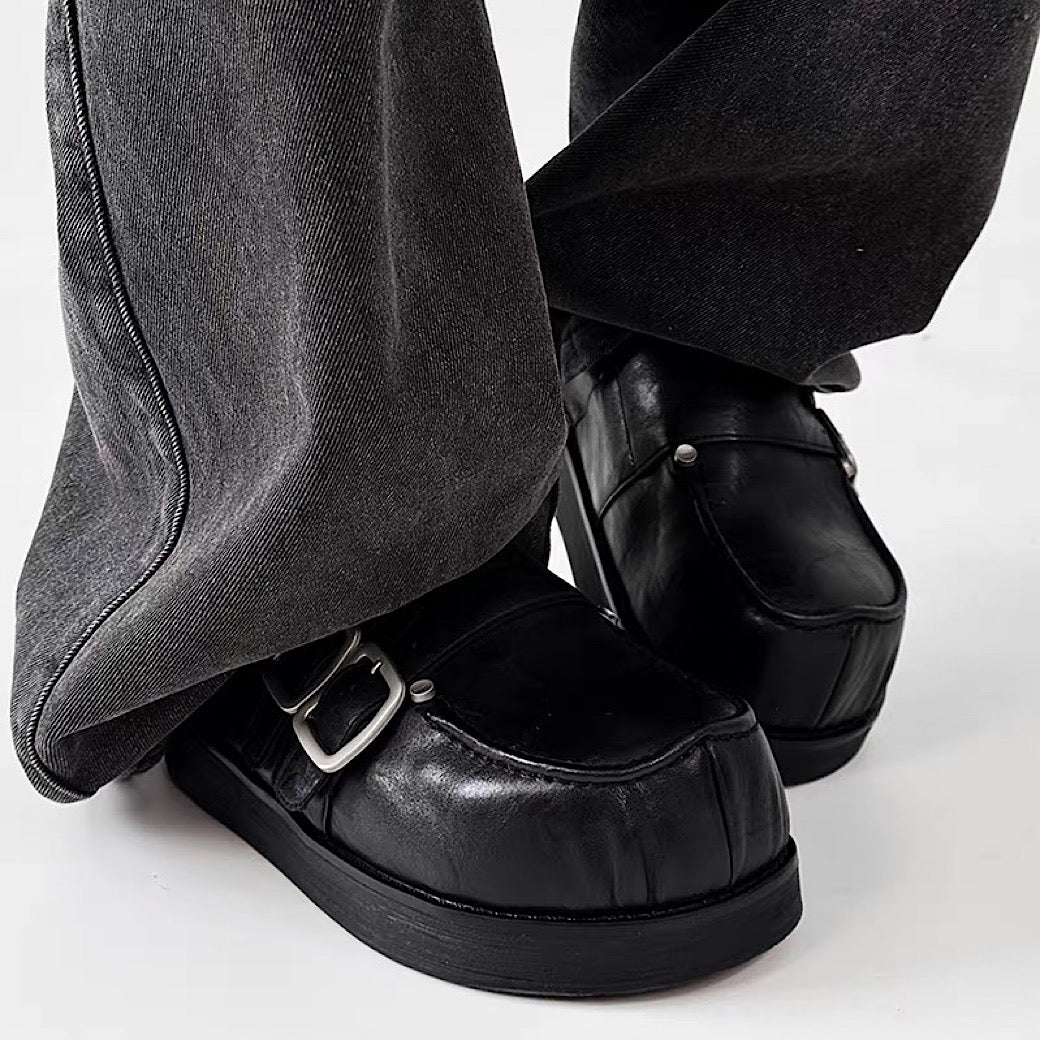 Double belt design slip-on style black shoes