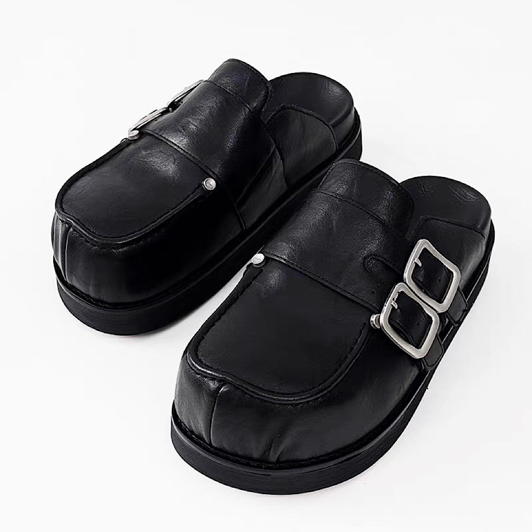 Double belt design slip-on style black shoes
