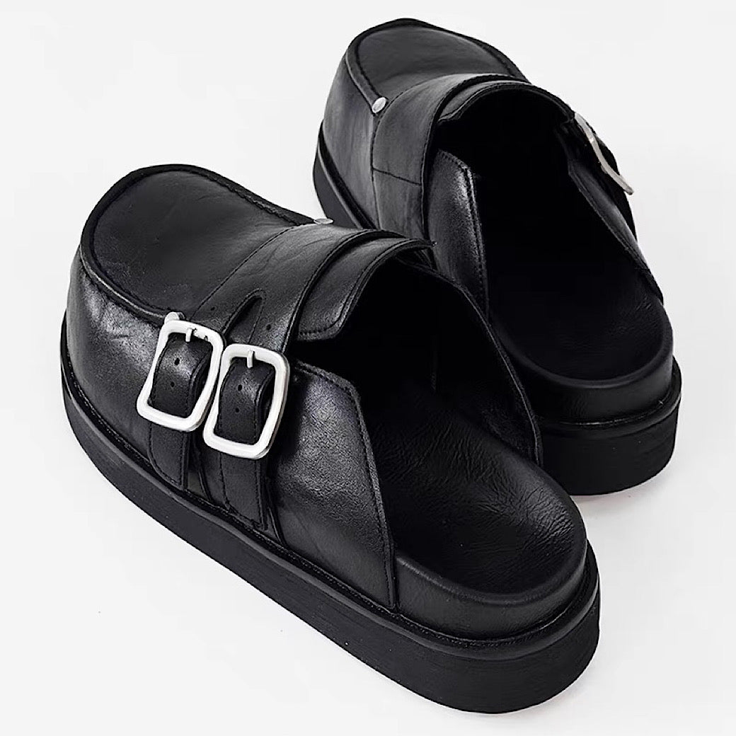 Double belt design slip-on style black shoes