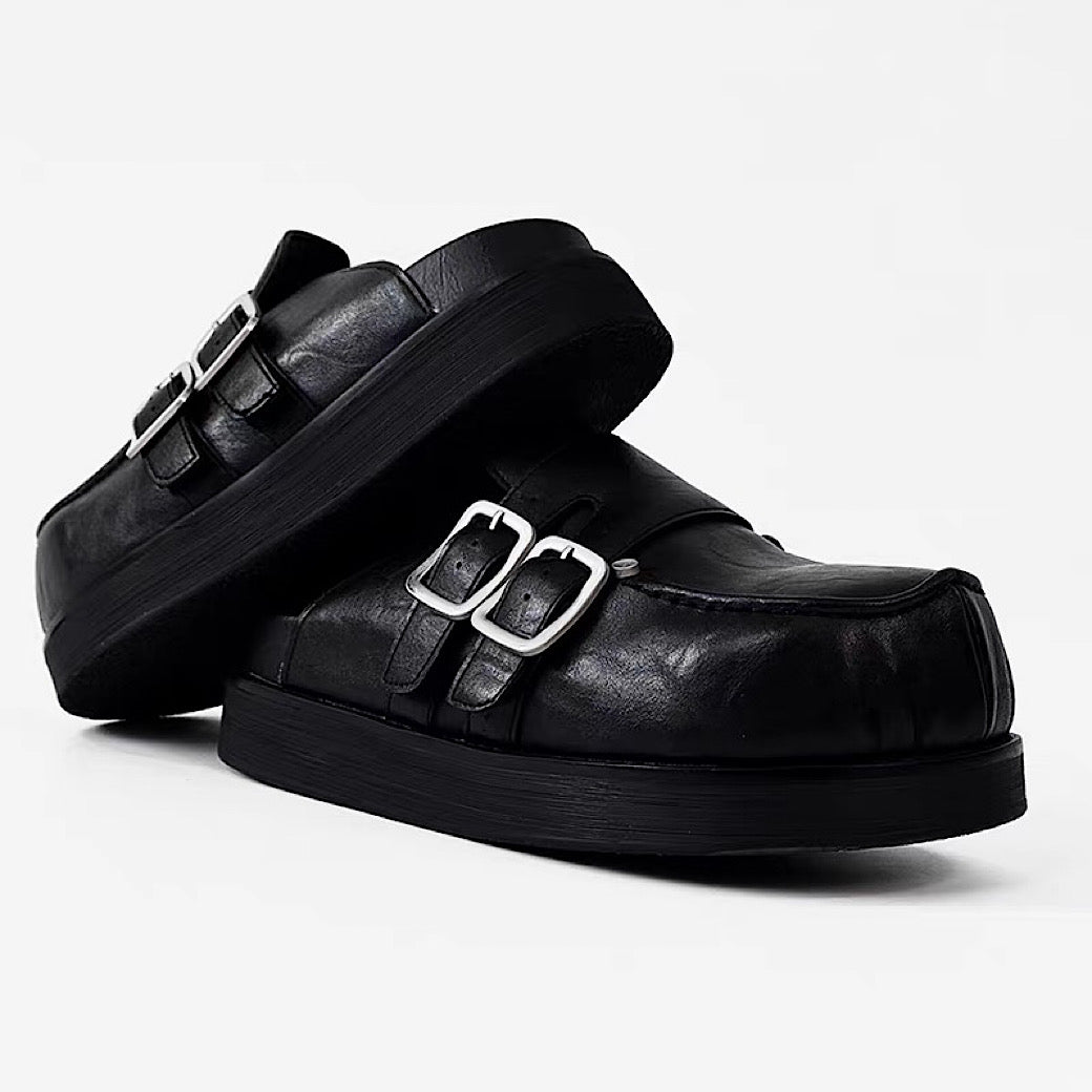 Double belt design slip-on style black shoes