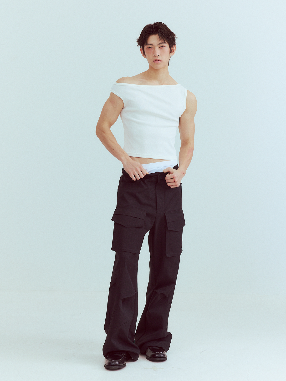 KADAKADA Flocked Bear Mesh One-Shoulder Ribbed Tank Set