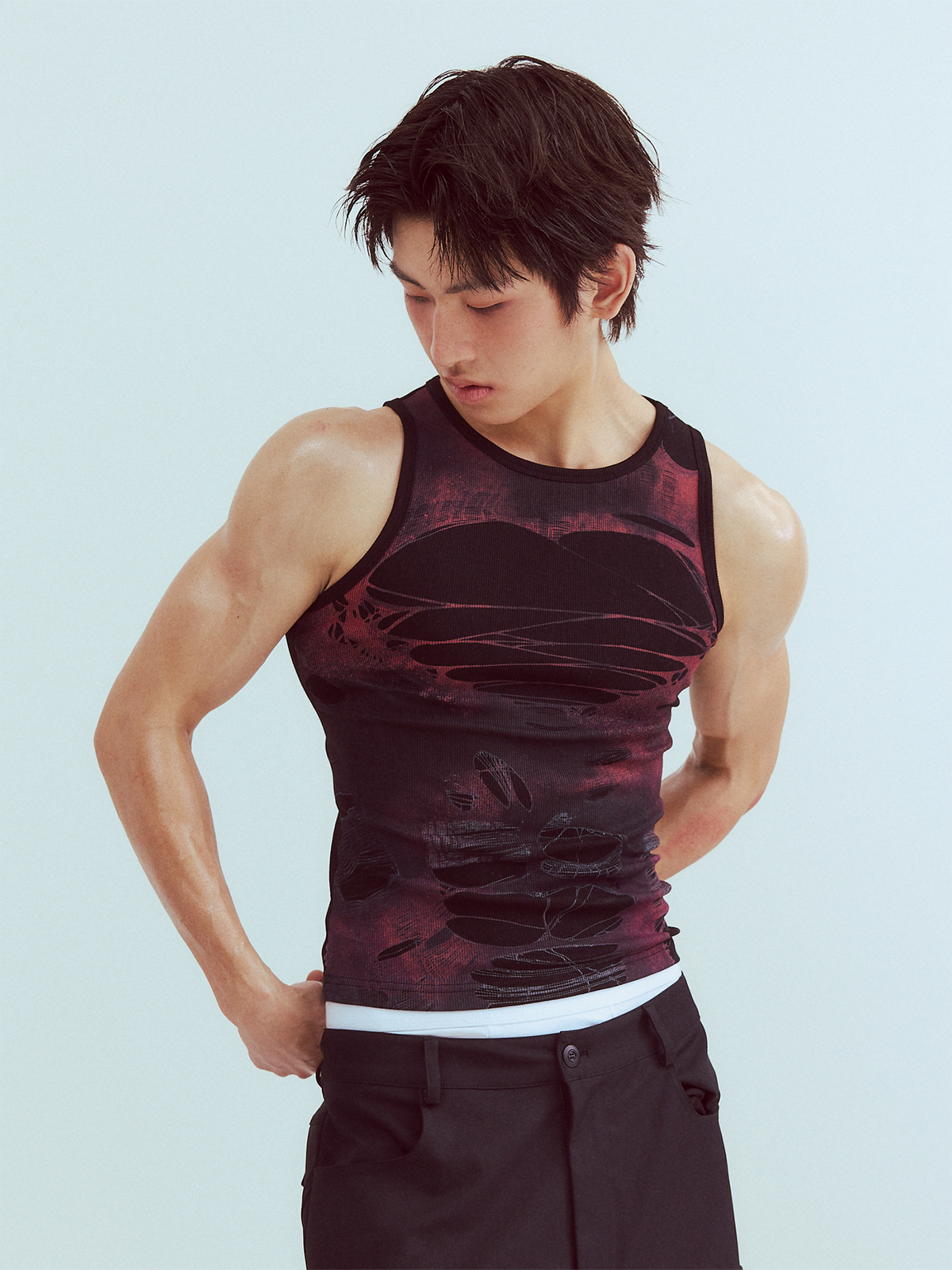 KADAKADA Distressed Graphic Ribbed Tank Top