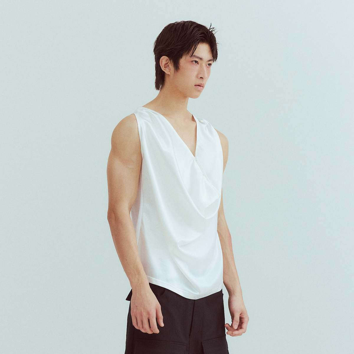 KADAKADA Pearl Sheen Deep V Draped Sleeveless Shirt