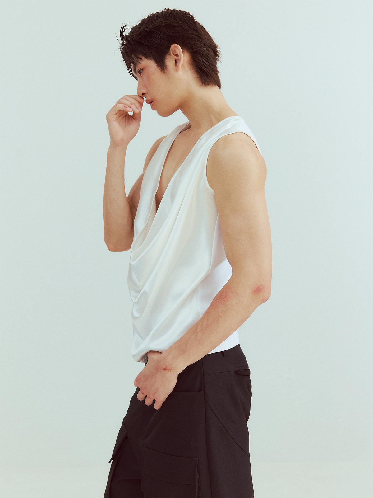 KADAKADA Pearl Sheen Deep V Draped Sleeveless Shirt