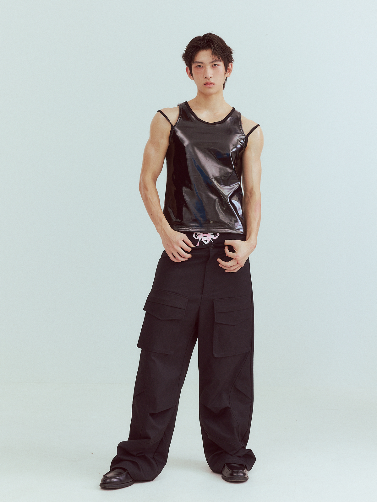 KADAKADA Patent Shine Layered Strap Ribbed Tank Top