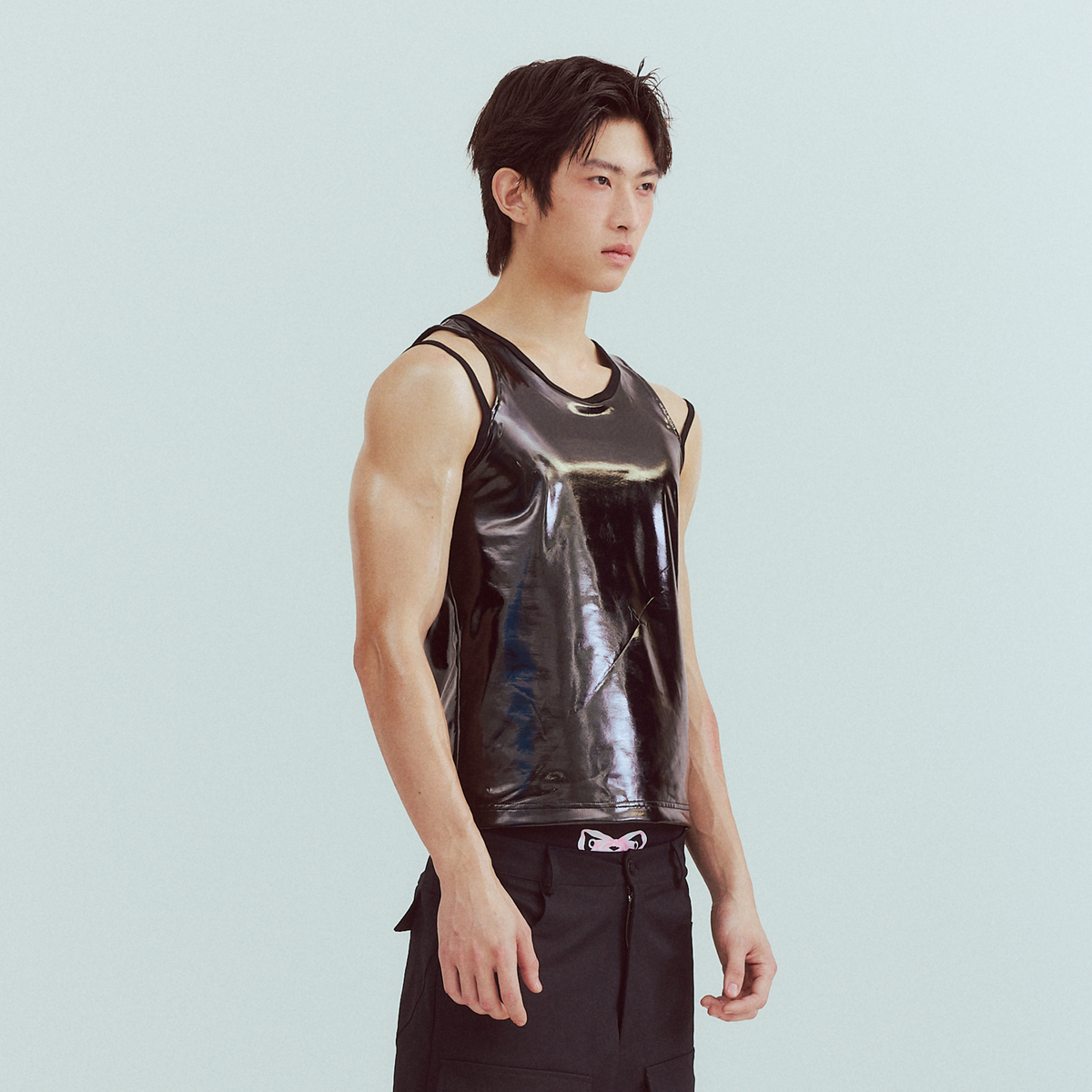 KADAKADA Patent Shine Layered Strap Ribbed Tank Top