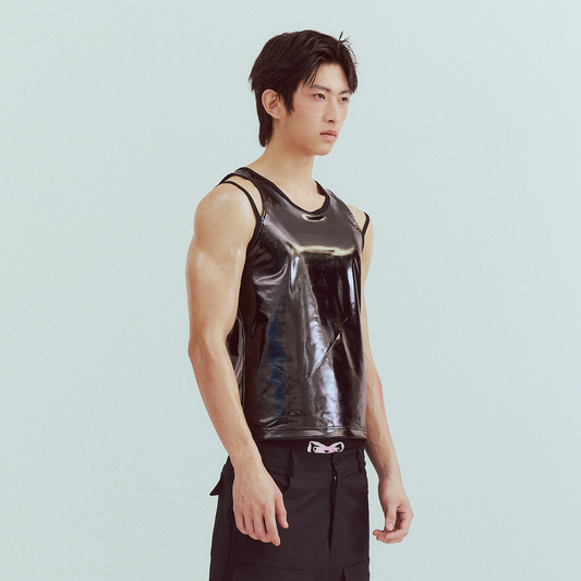 KADAKADA Patent Shine Layered Strap Ribbed Tank Top
