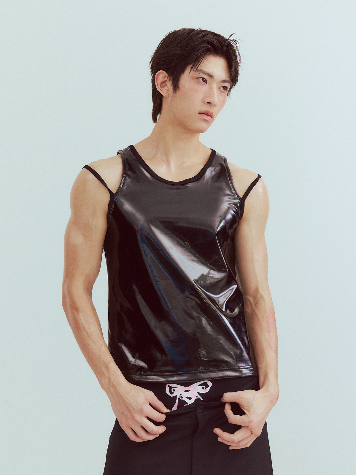 KADAKADA Patent Shine Layered Strap Ribbed Tank Top