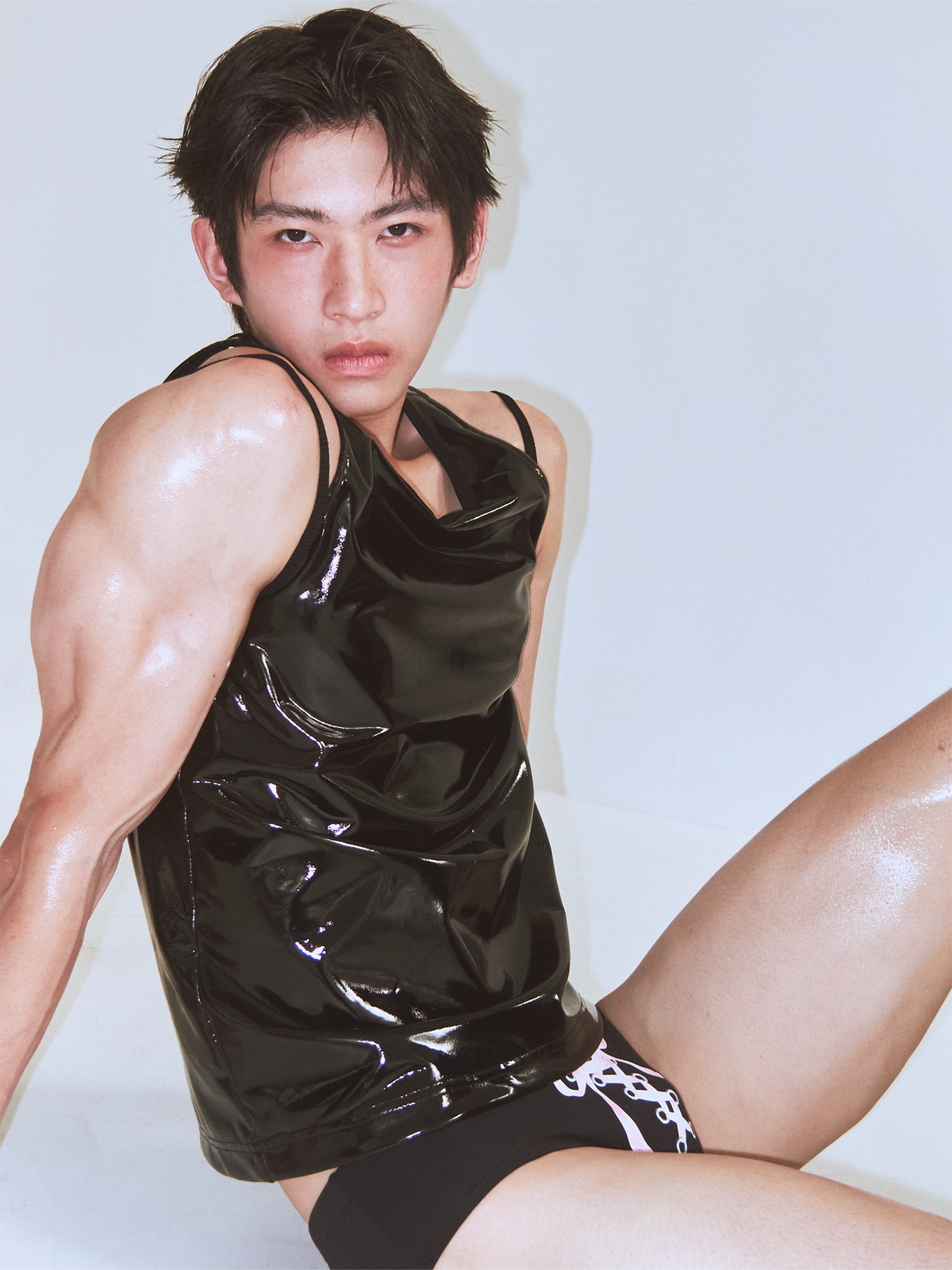 KADAKADA Patent Shine Layered Strap Ribbed Tank Top