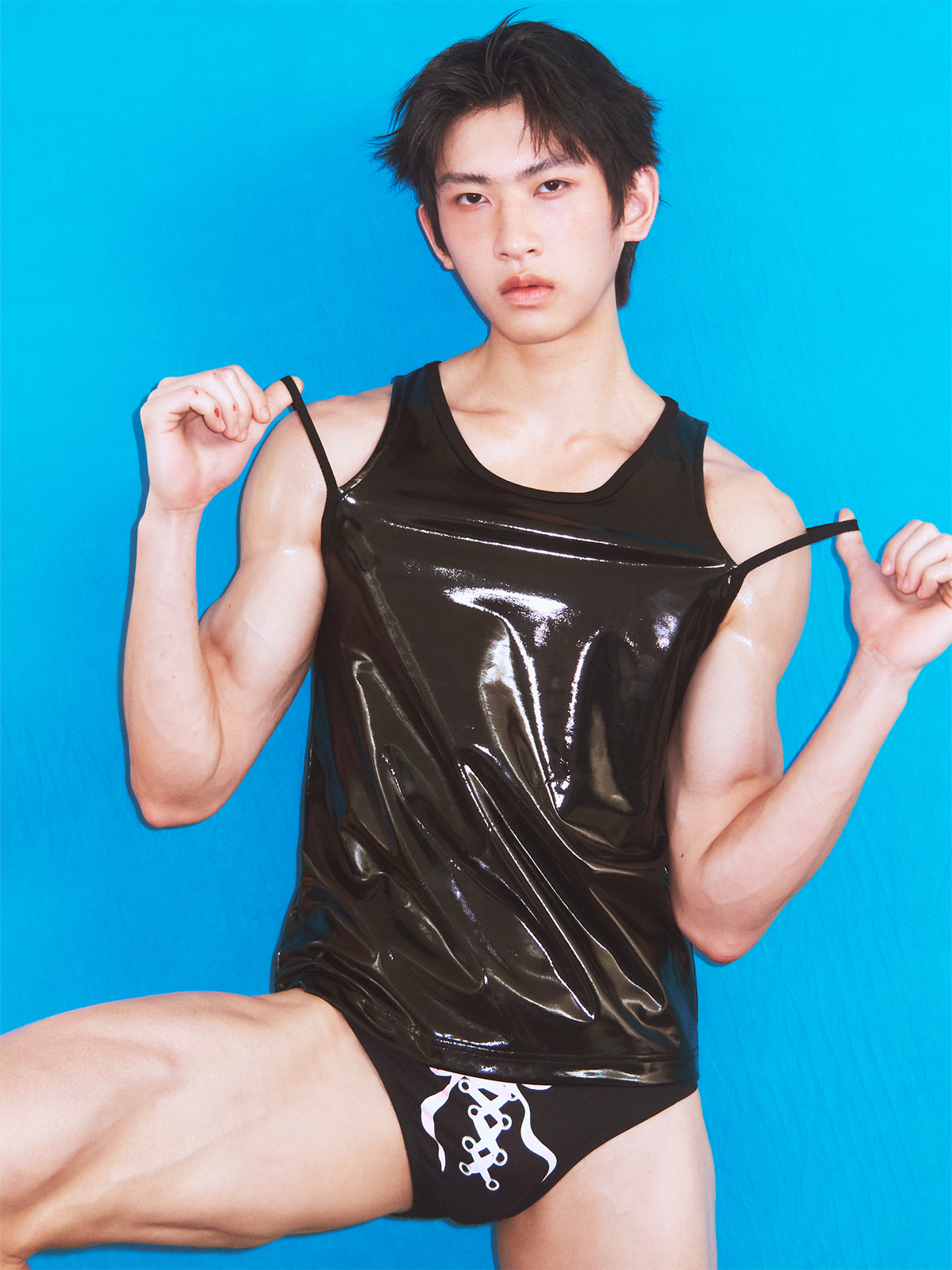 KADAKADA Patent Shine Layered Strap Ribbed Tank Top