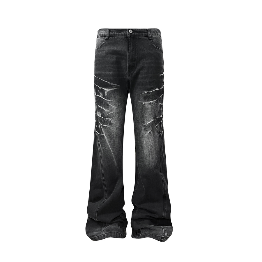 TH4SWE Washed Cracked Whisker Flared Jeans