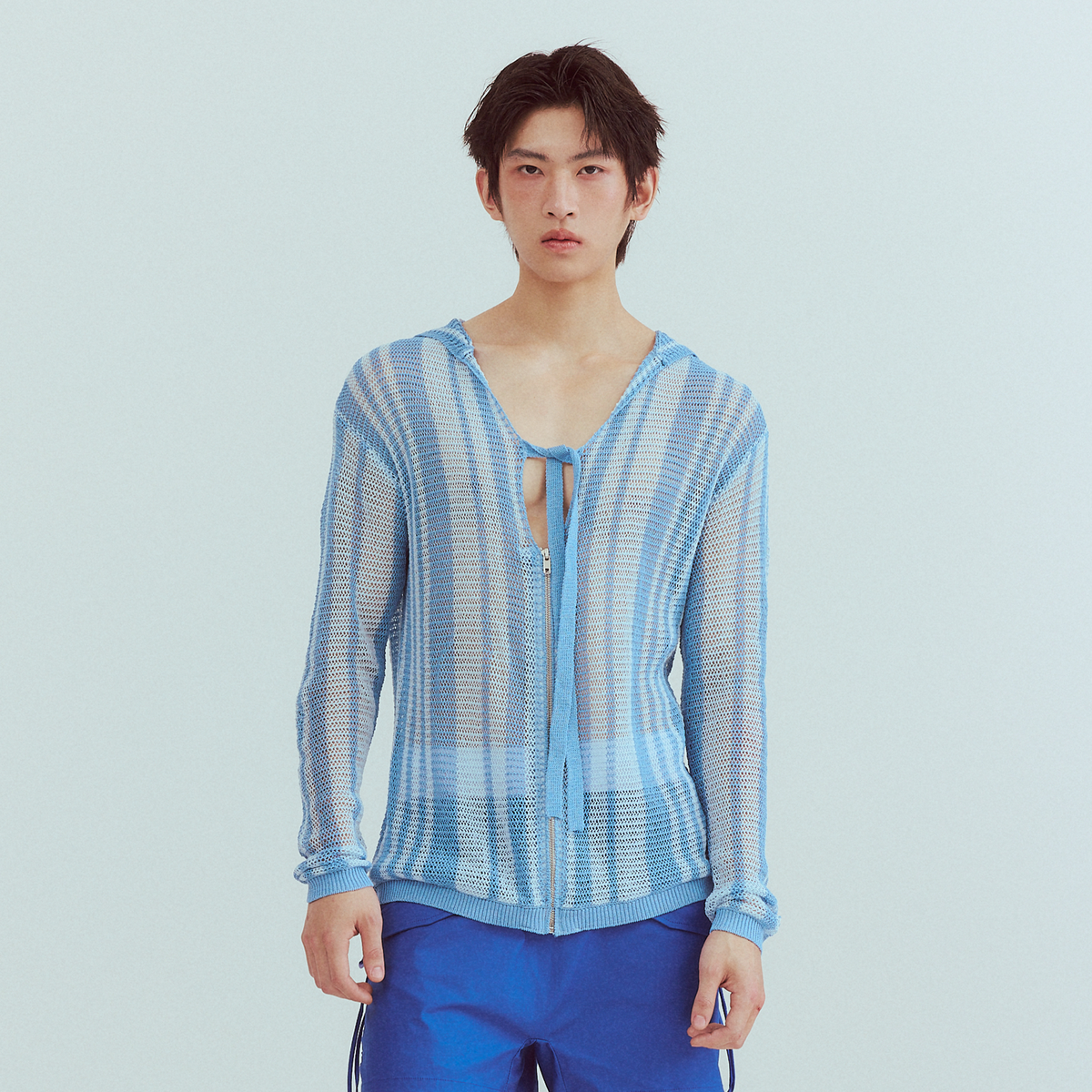 KADAKADA Striped Open-Knit Deep V Hooded Sweater