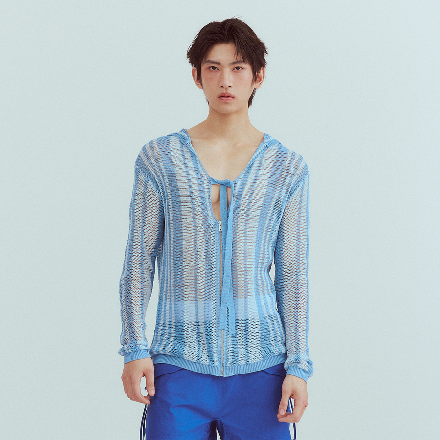 KADAKADA Striped Open-Knit Deep V Hooded Sweater