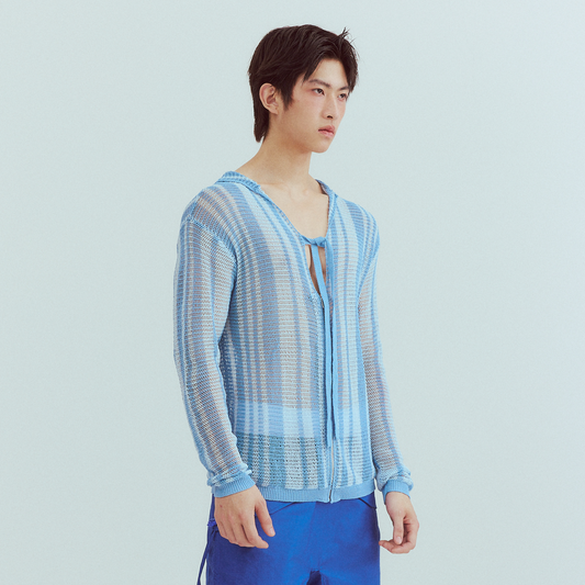 KADAKADA Striped Open-Knit Deep V Hooded Sweater