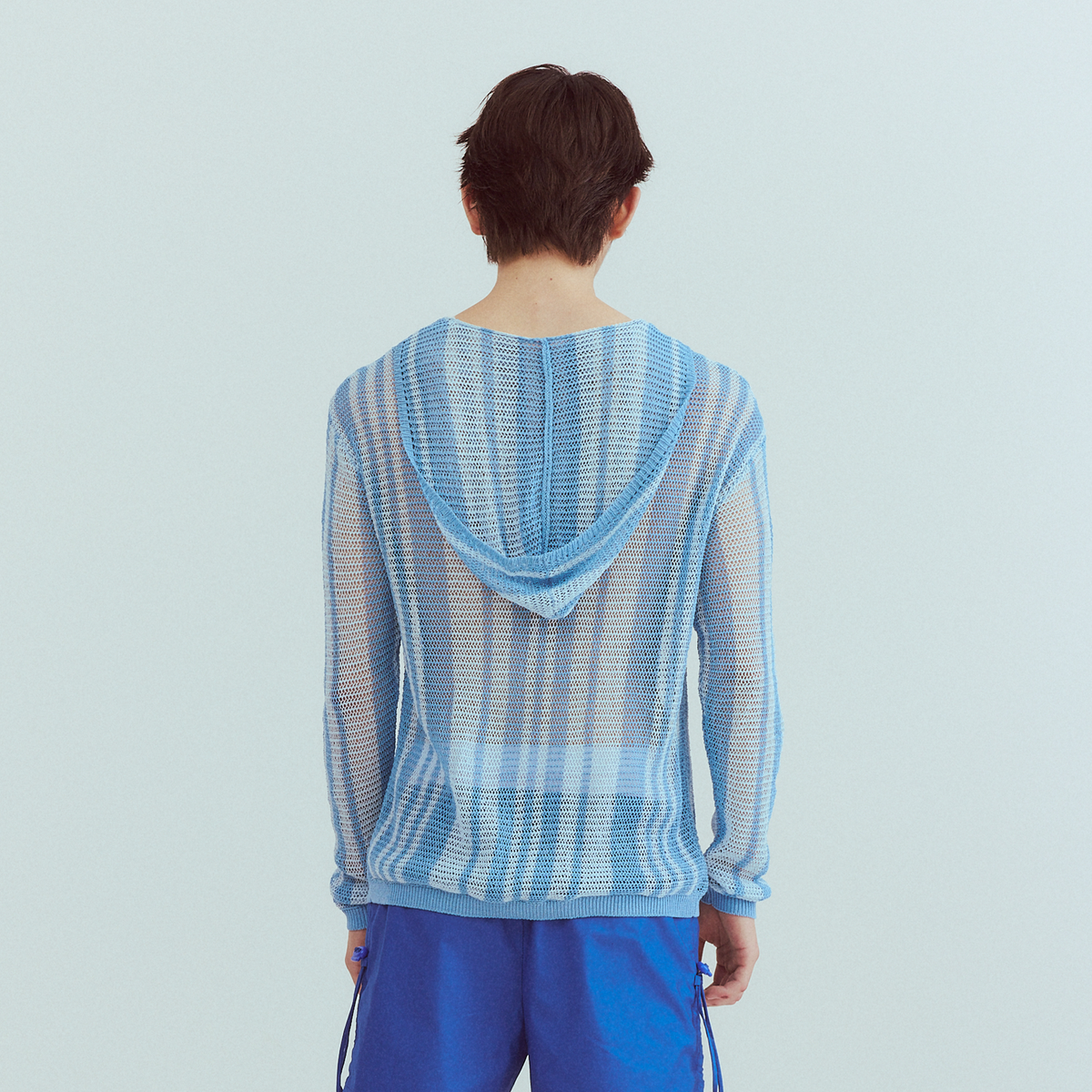 KADAKADA Striped Open-Knit Deep V Hooded Sweater