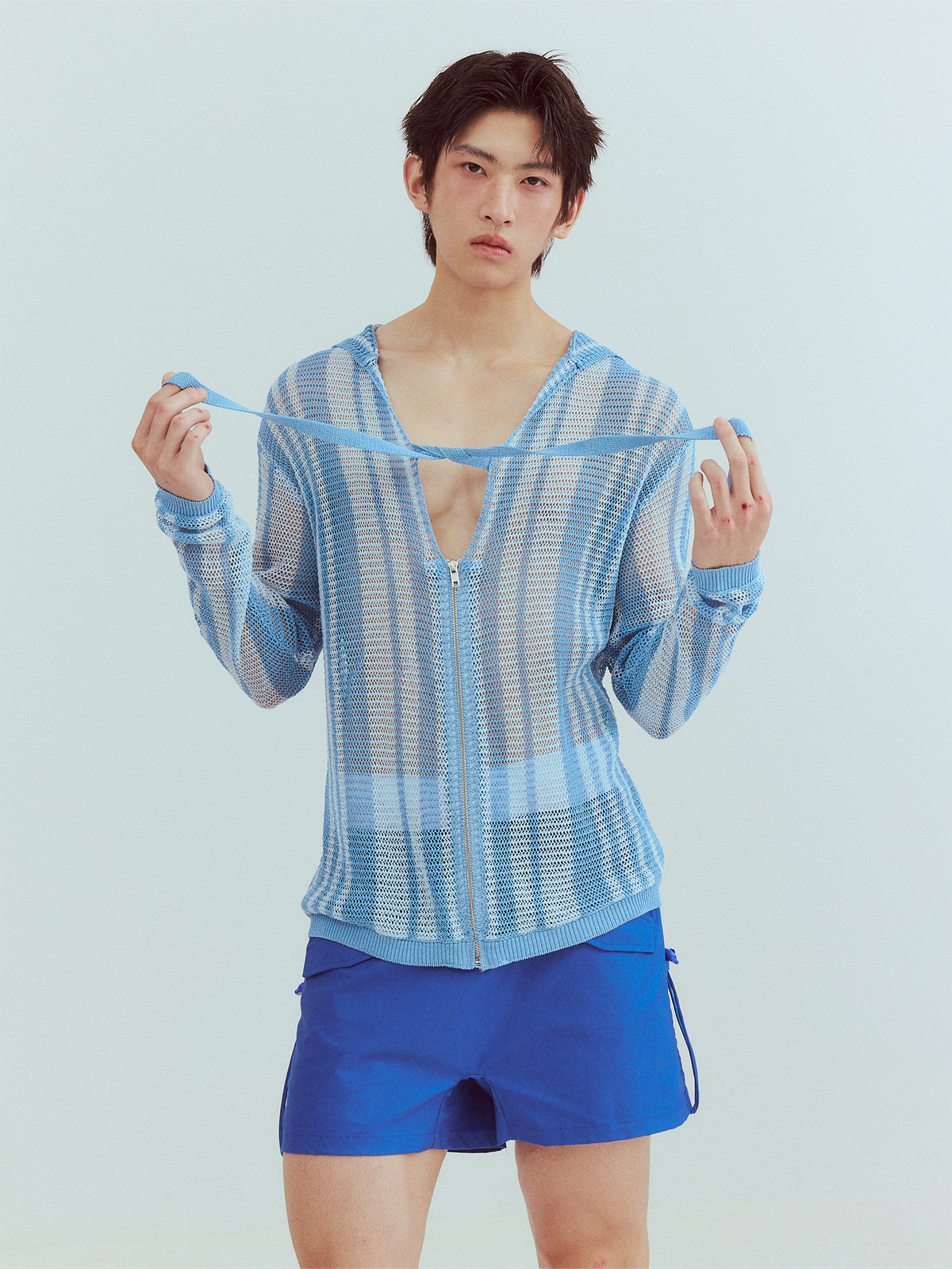KADAKADA Striped Open-Knit Deep V Hooded Sweater