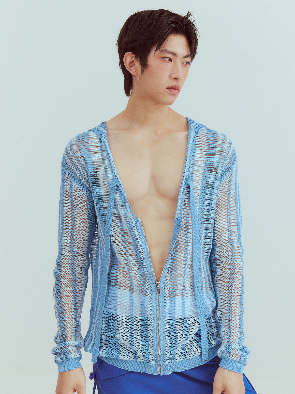 KADAKADA Striped Open-Knit Deep V Hooded Sweater