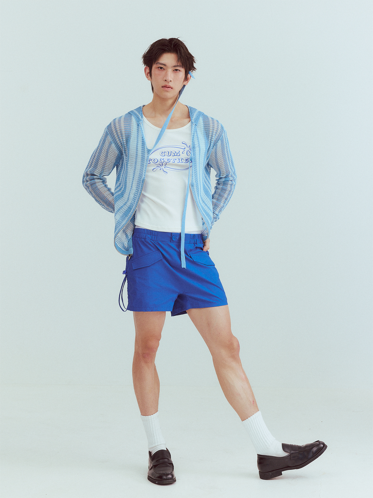 KADAKADA Striped Open-Knit Deep V Hooded Sweater