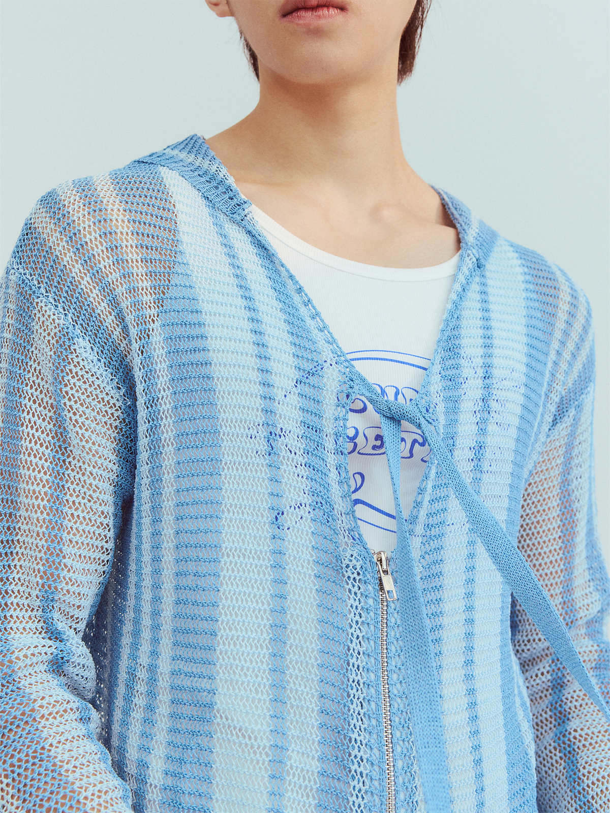 KADAKADA Striped Open-Knit Deep V Hooded Sweater