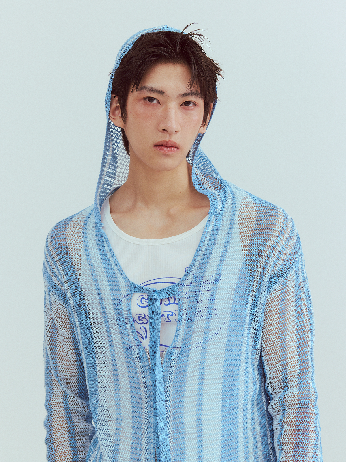 KADAKADA Striped Open-Knit Deep V Hooded Sweater