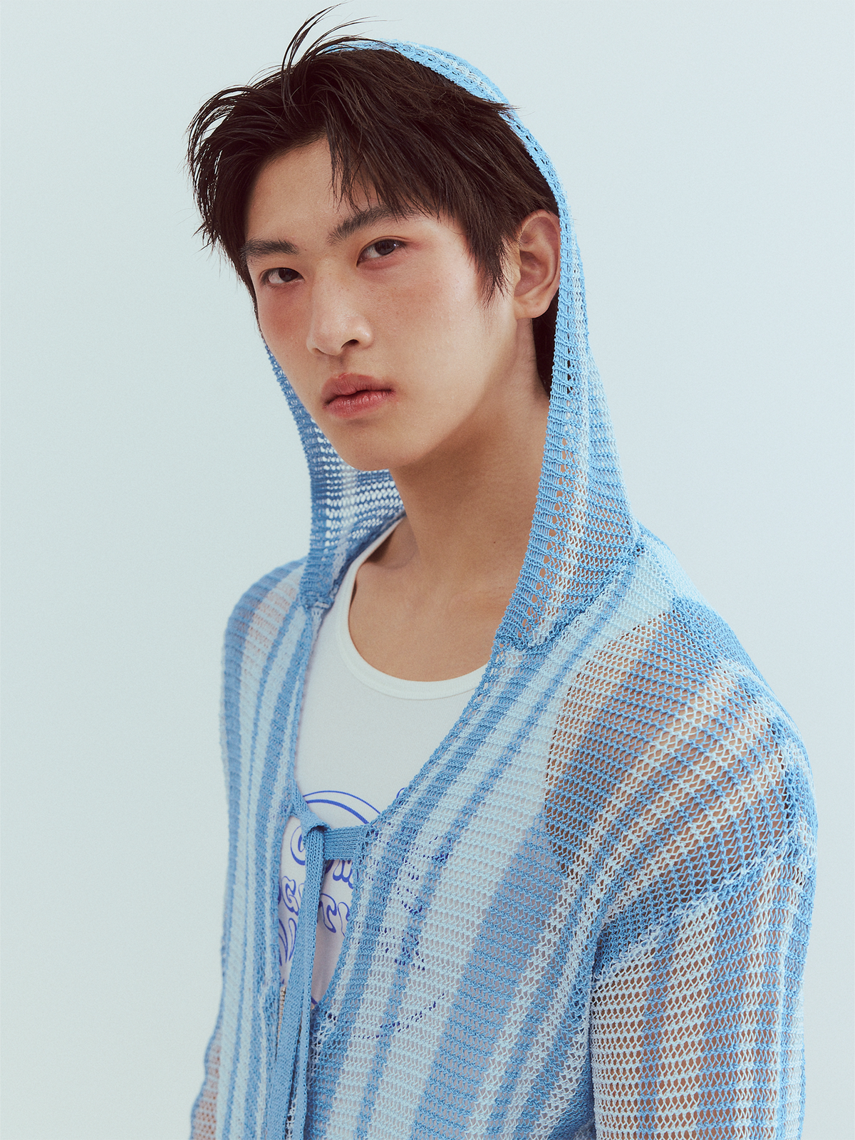KADAKADA Striped Open-Knit Deep V Hooded Sweater